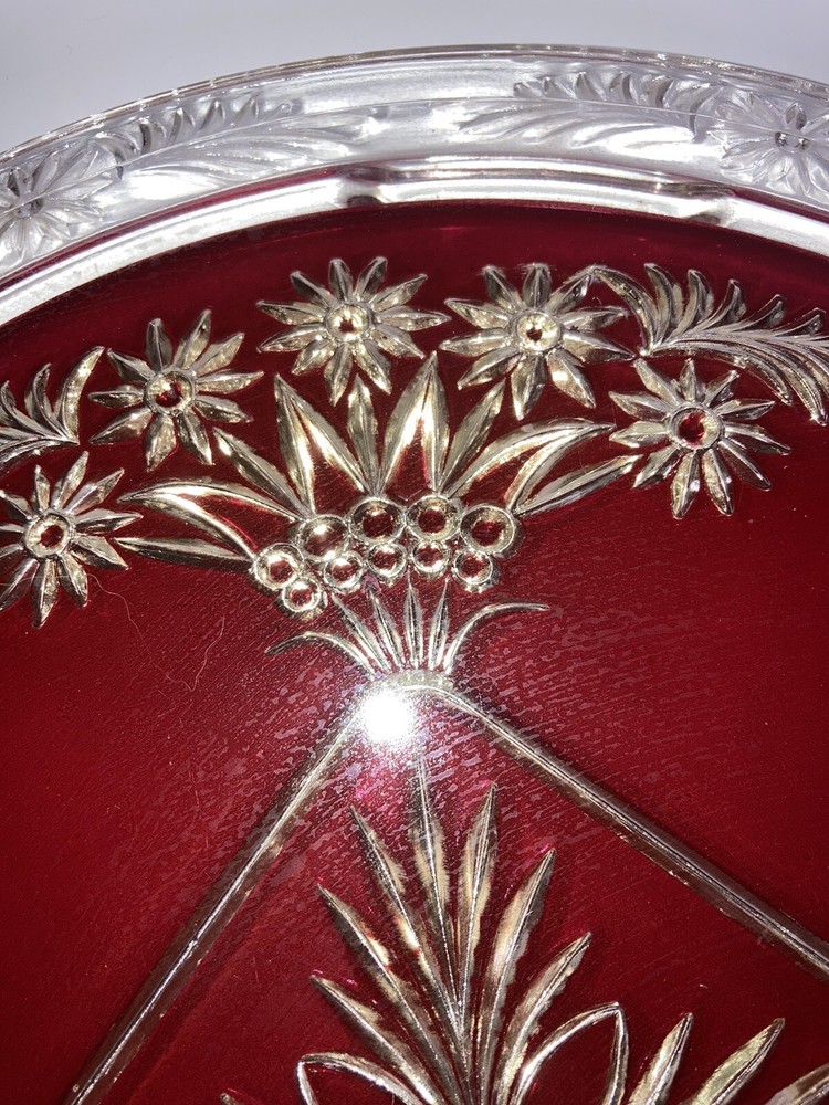 Vintage Mercury Silver Ruby Red Platter Stand Goofus Glass Beautiful