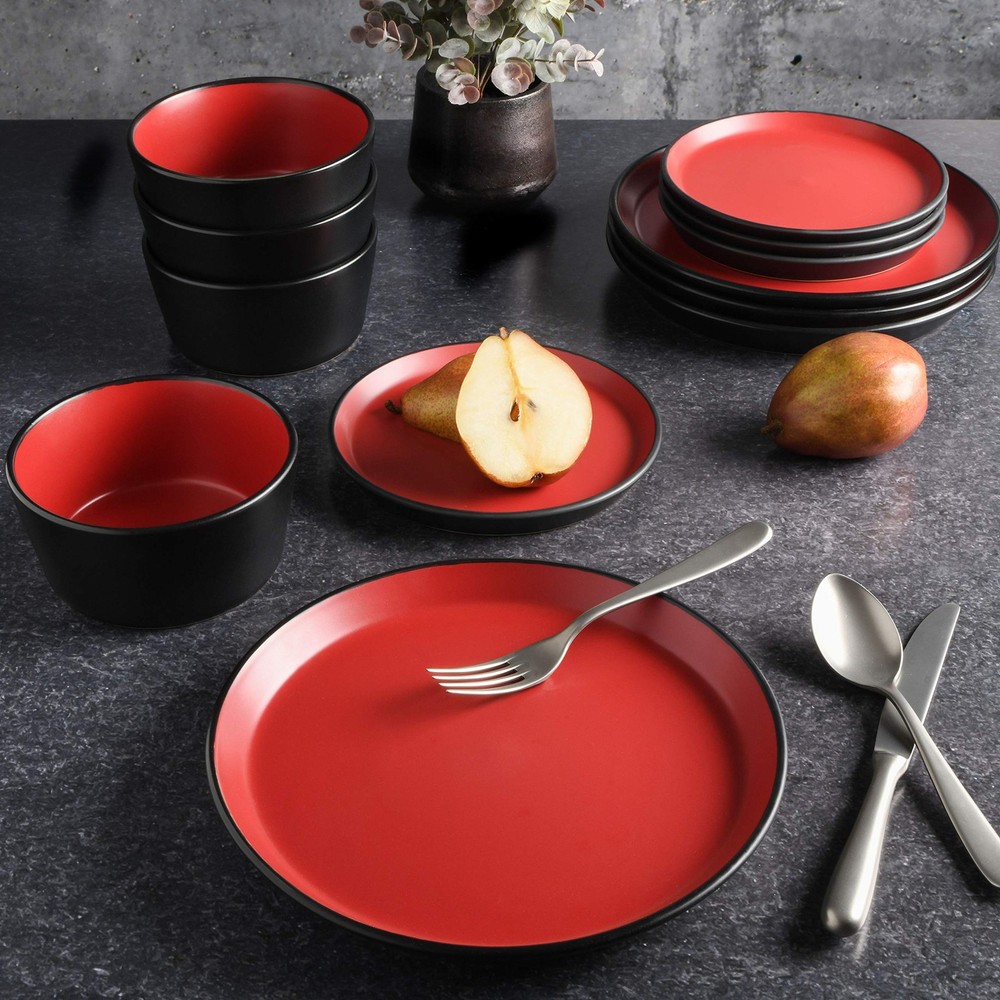 Sofia Coupe Stoneware Dinnerware Set, for 4 (12pcs), Matte Red