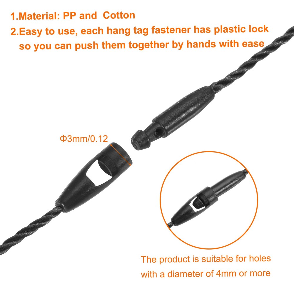 100 x Cotton Hang Tag String Snap Lock Pins Loop Fastener Plastic Black 3.2"
