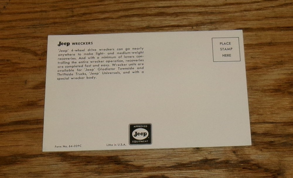 Original 1964 Jeep Wrecker Postcard 64 Gladiator Universal
