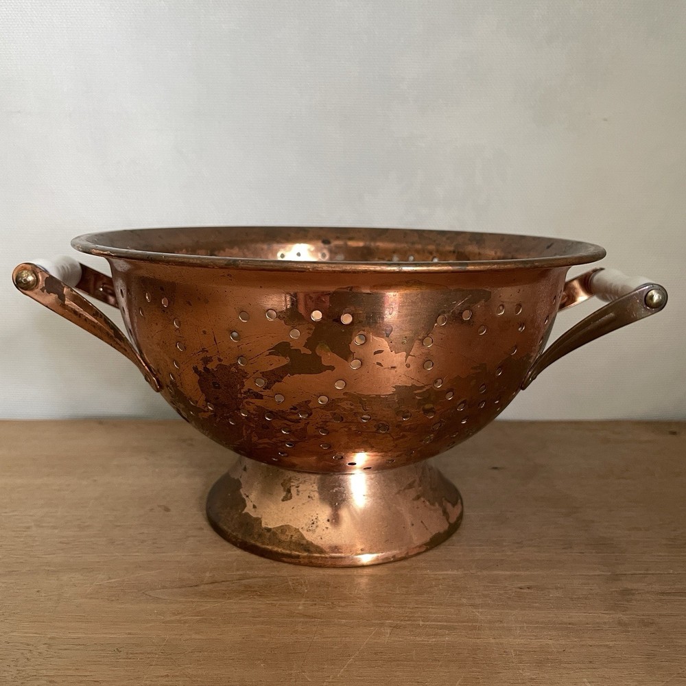 Vintage Copper Colander Strainer Bowl Ceramic Handles
