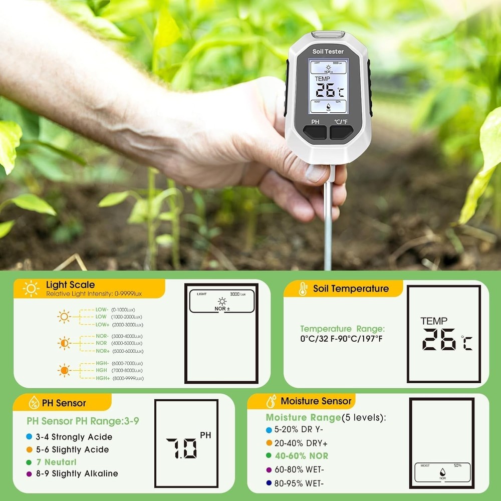 Digital Plant Soil Moisture & Temperature Meter with LCD Display - 4 Functions