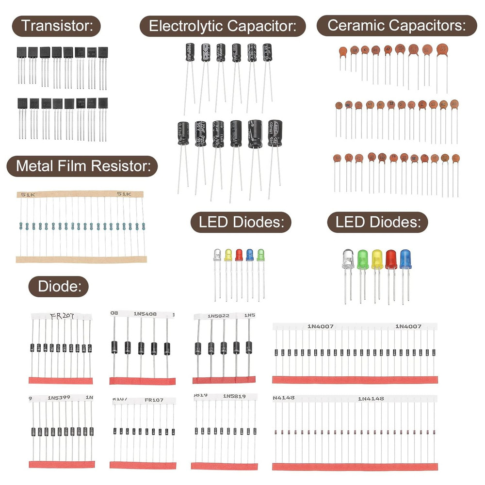 Electronics Component Assortment Kit, 1490 Pcs Resistors, Diodes, Transistors,
