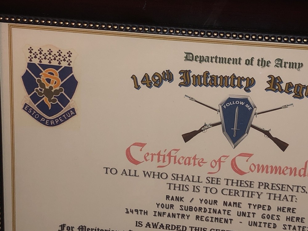 149TH INFANTRY REGIMENT / COMMEMORATIVE - CERTIFICATE OF COMMENDATION