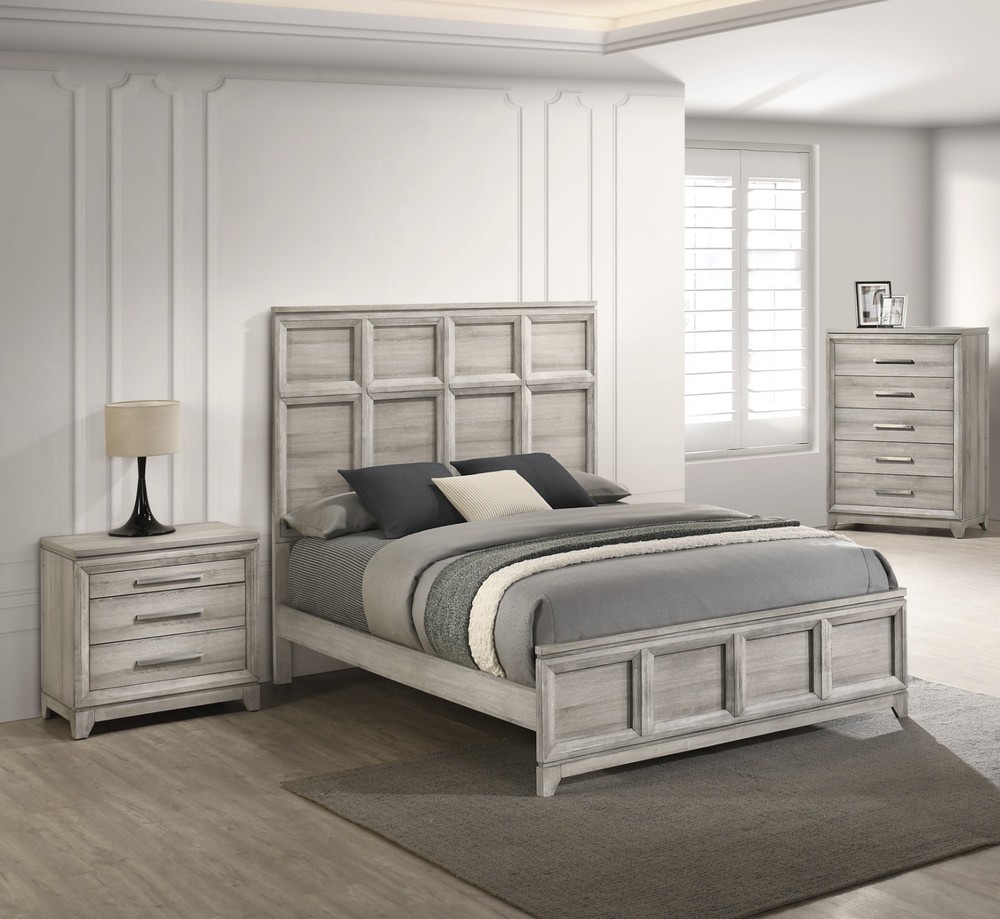 3pc Traditional Style Tall Headboard Gray Queen Size Bed Chest Nightstand Set