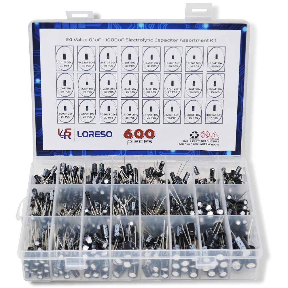 Electrolytic Capacitor Pack 600 pcs Assortment Kit 24 Values for Electronics ...