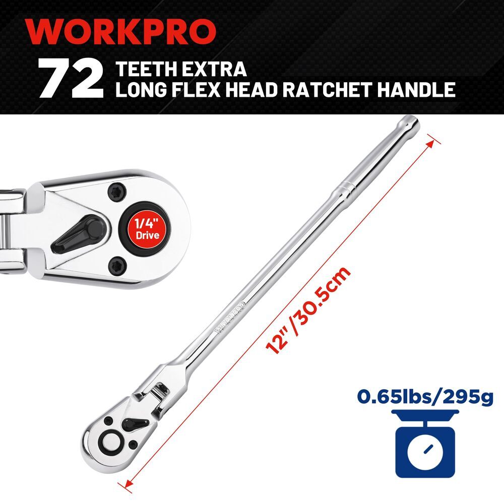 WORKPRO 12" Extra Long Flex Head Ratchet Handle 1/4" Dr Quick Release Reversible