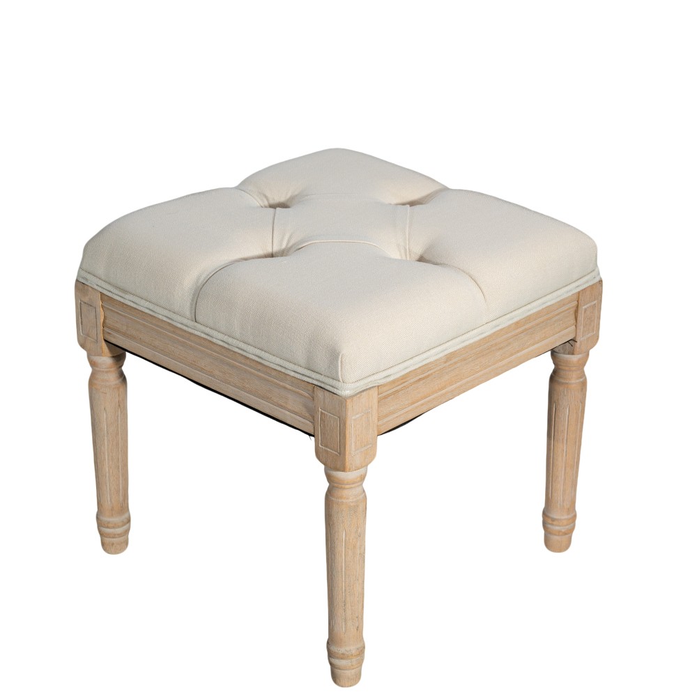 Beige Small Padded Bench Solid Wood Rattan Upholstered Vanity Stool