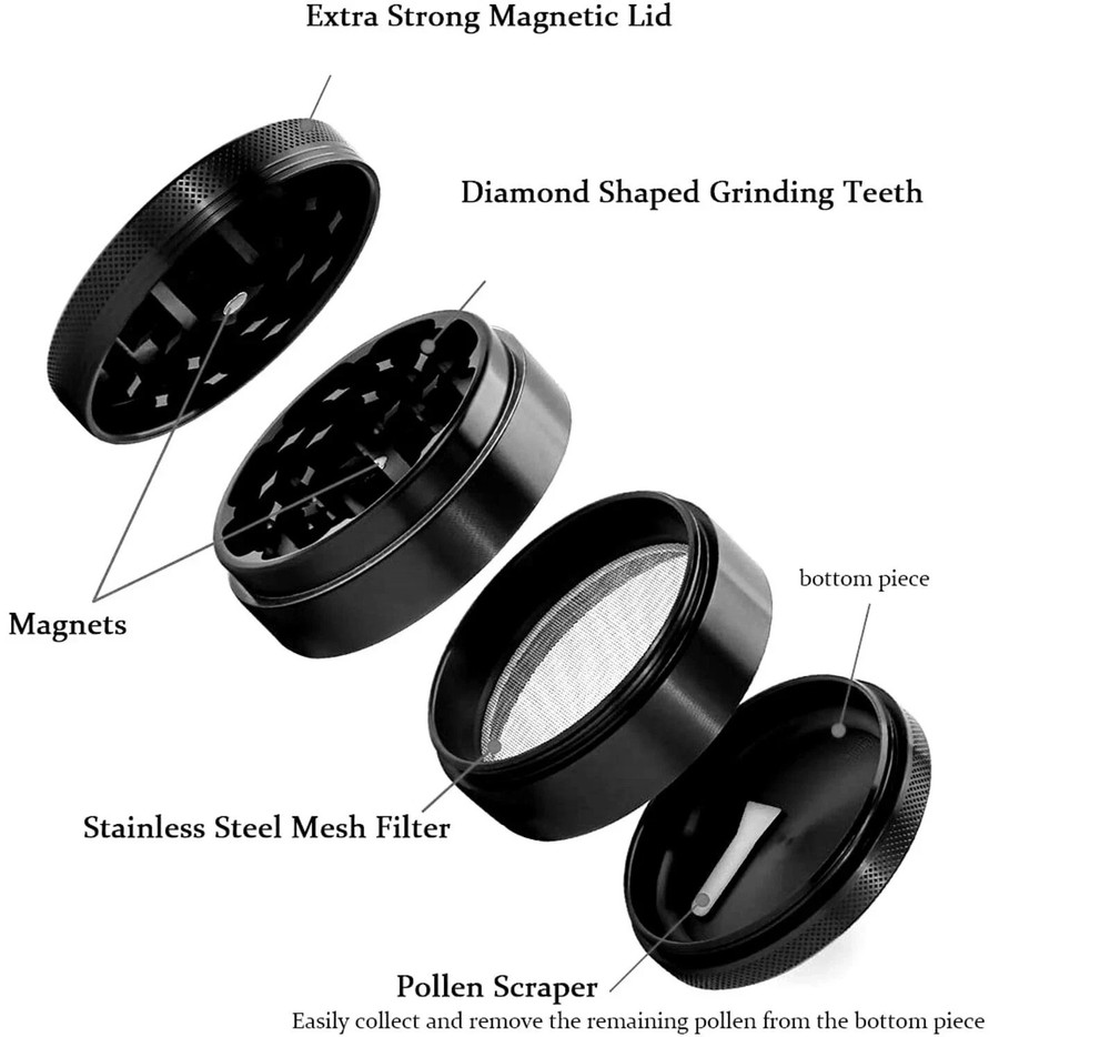 Solid Black 4-Piece Herb Grinder with Kief Catcher – Sharp Teeth & Magnetic Lid