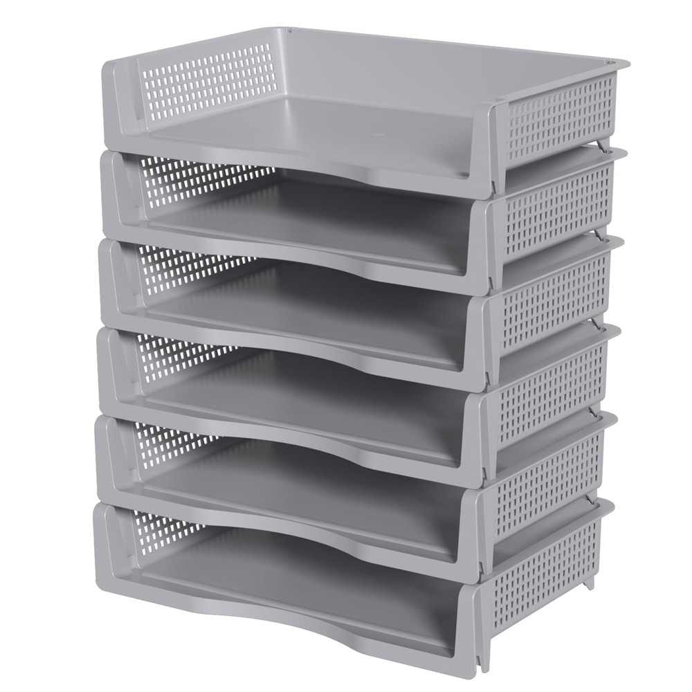 6 Pack Office Desk Tray Organizer Stackable Paper Grey Letter Tray