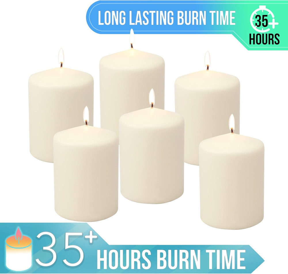 35 Hour Long Burning Unscented Pillar Candles, 3X4, Ivory