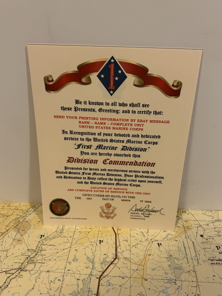 U.S.M.C. / FIRST MARINE DIVISION ~ DIVISION COMMENDATION REPLACEMENT CERTIFICATE