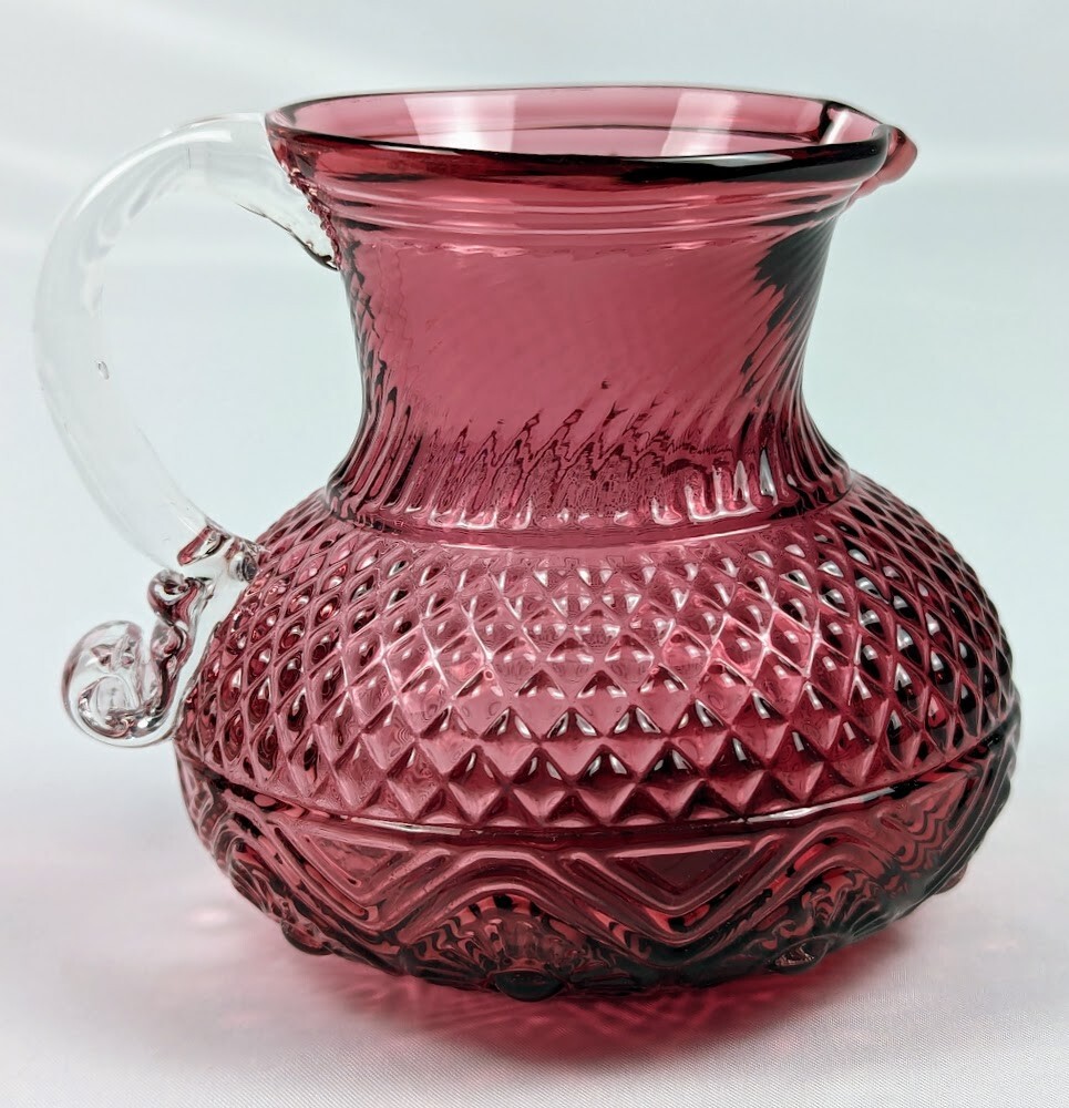 Pilgrim Glass Cranberry Pitcher Clear Applied Handle Bennington 4” Vintage