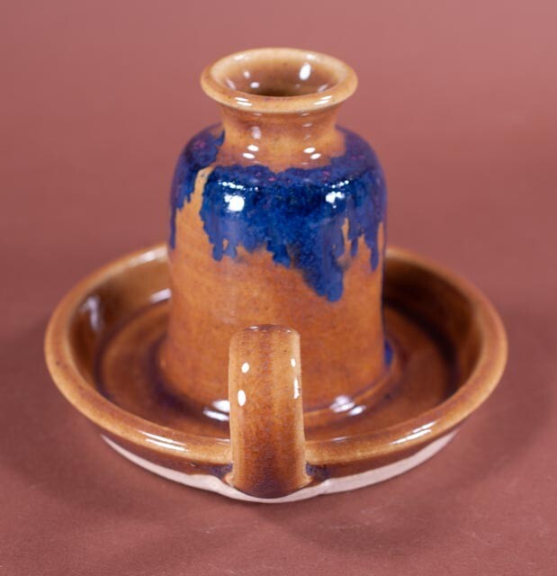 Morgan Pottery Studio Blue Drip Glaze Candlestick Holder Loop Handle