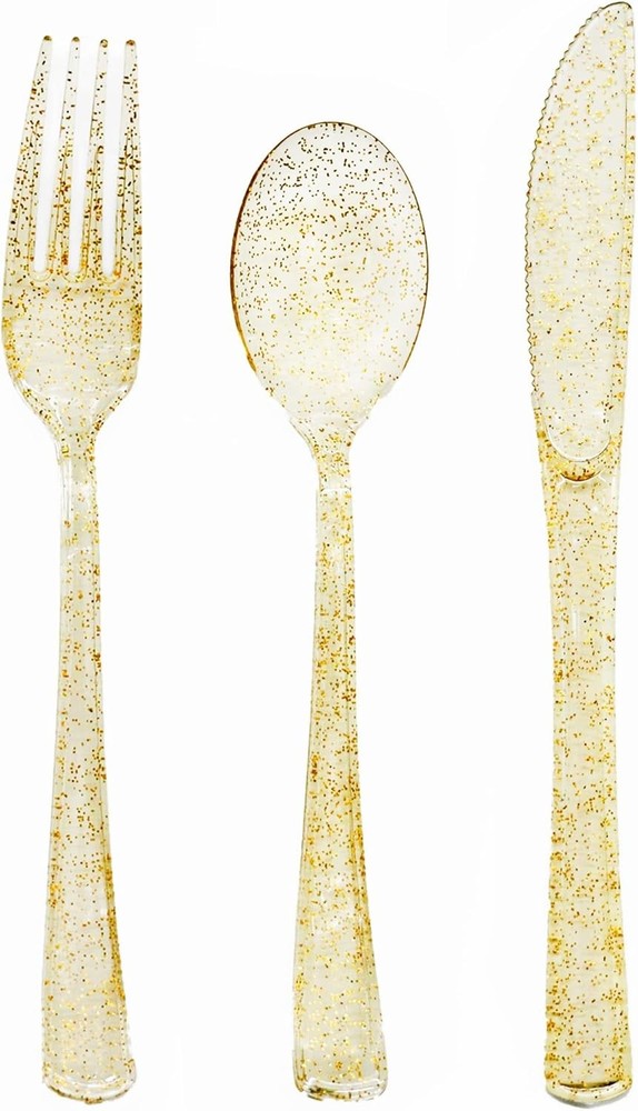 Gold Plastic Sierware, Glitter Plastic Sierware Heavy Duty -50 Gold