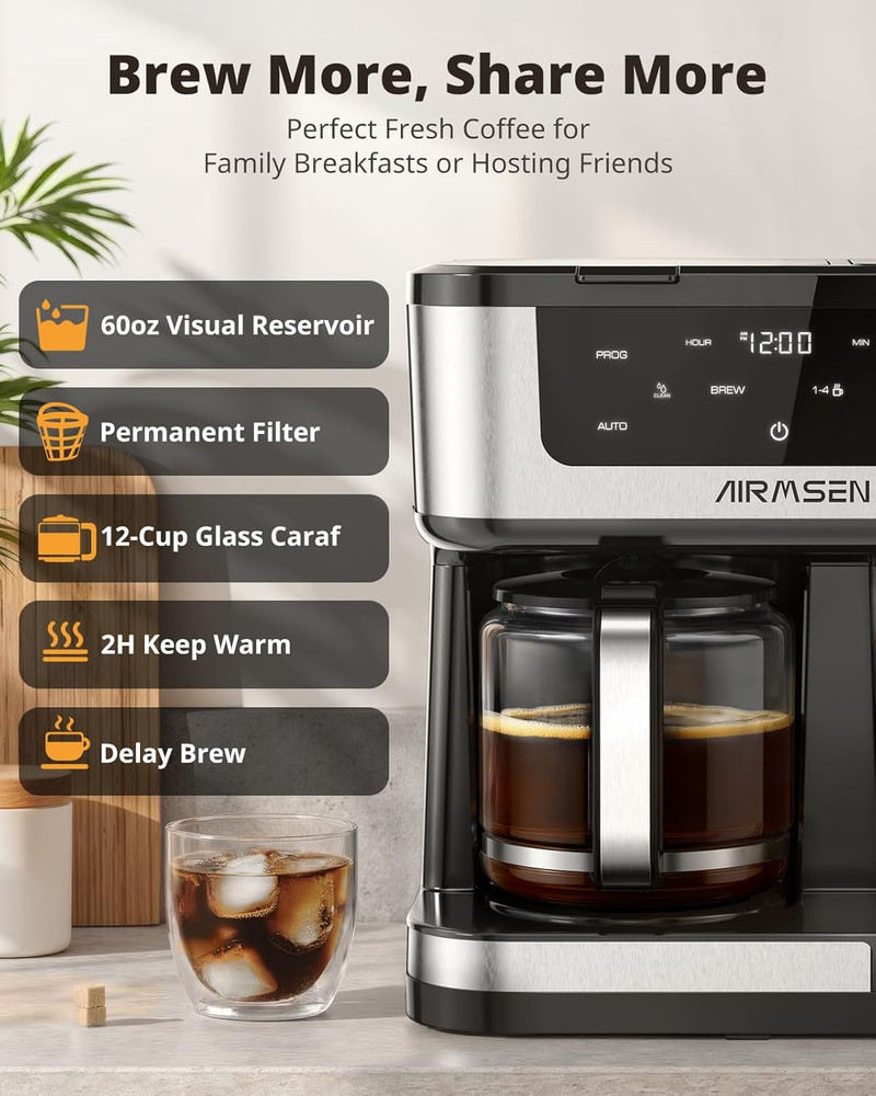 12-Cup Programmable Dual Coffee Maker – Single Serve Machine for K-Cup Pods & Gr