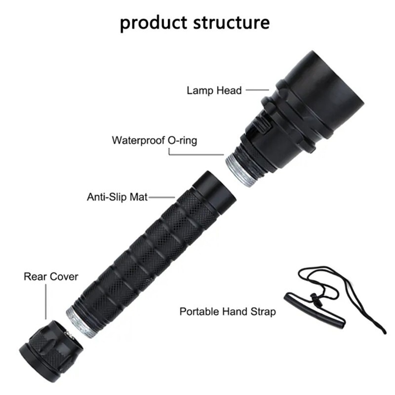 Scuba Diving Flashlight 200M Waterproof Underwater Torch LED Submarine Light
