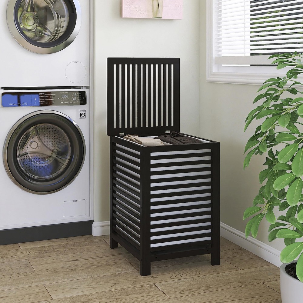 Double Laundry Hamper with Lid, 120L Bamboo Laundry Basket with Removable Lin...