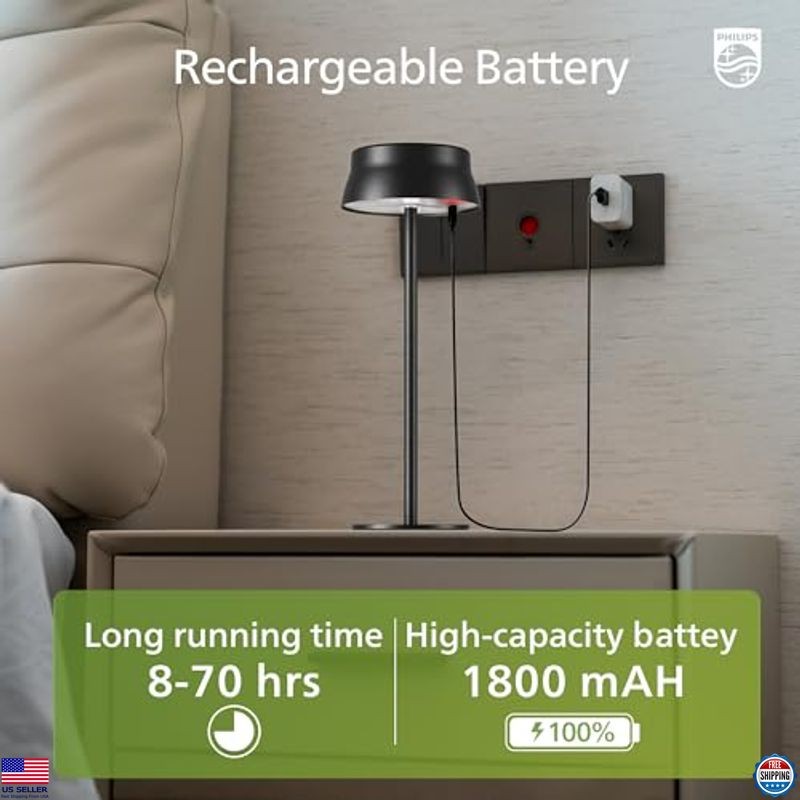 Philips Cordless Table Lamp - Rechargeable LED, Touch Control, 3 Dimming Modes