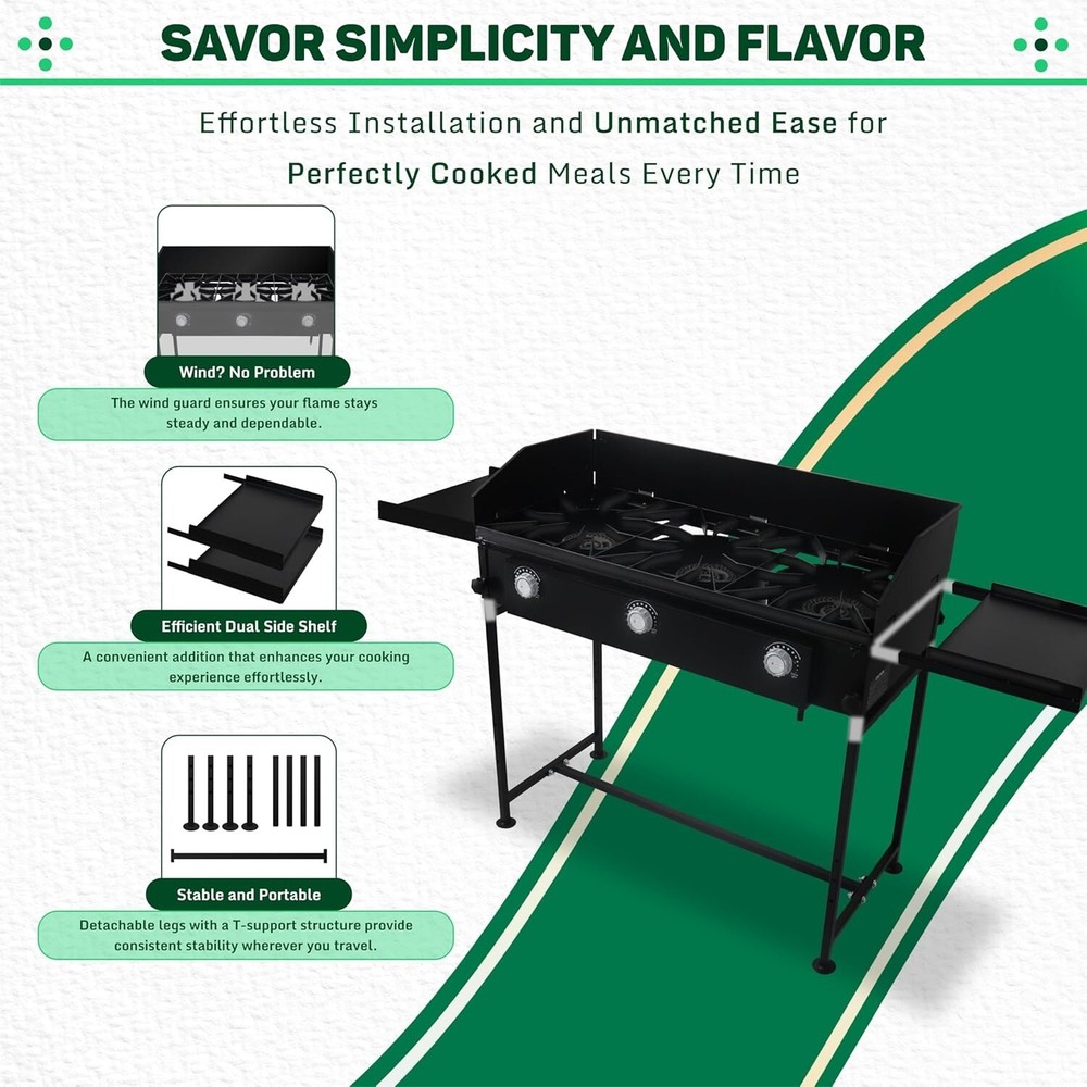 Three Burner Propane Outdoor Camping Stove - with Side Shelf and Wind Panel