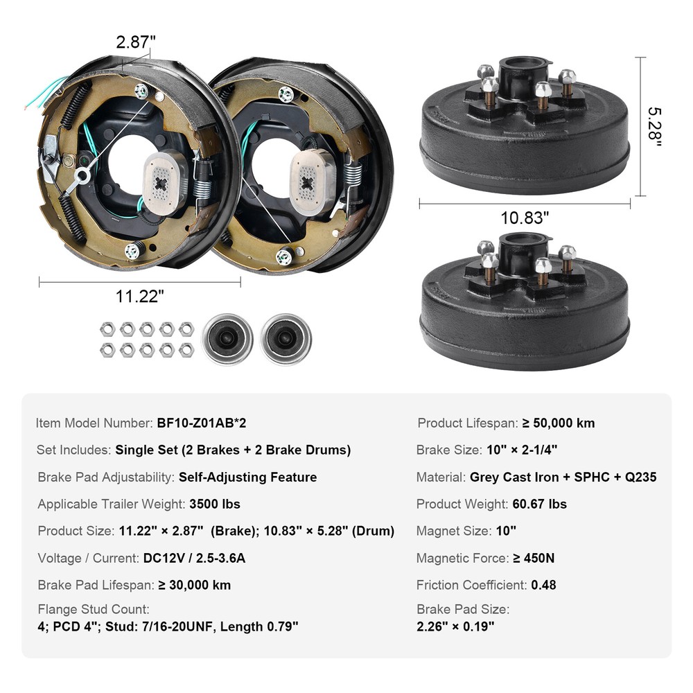 VEVOR Electric Trailer Brake 10" x 2-1/4" & 5 on 4.5" Hub Drum Kit for 3500 lbs