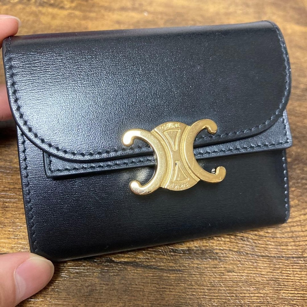 CELINE black three fold wallet small flap wallet Triomphe From Japan