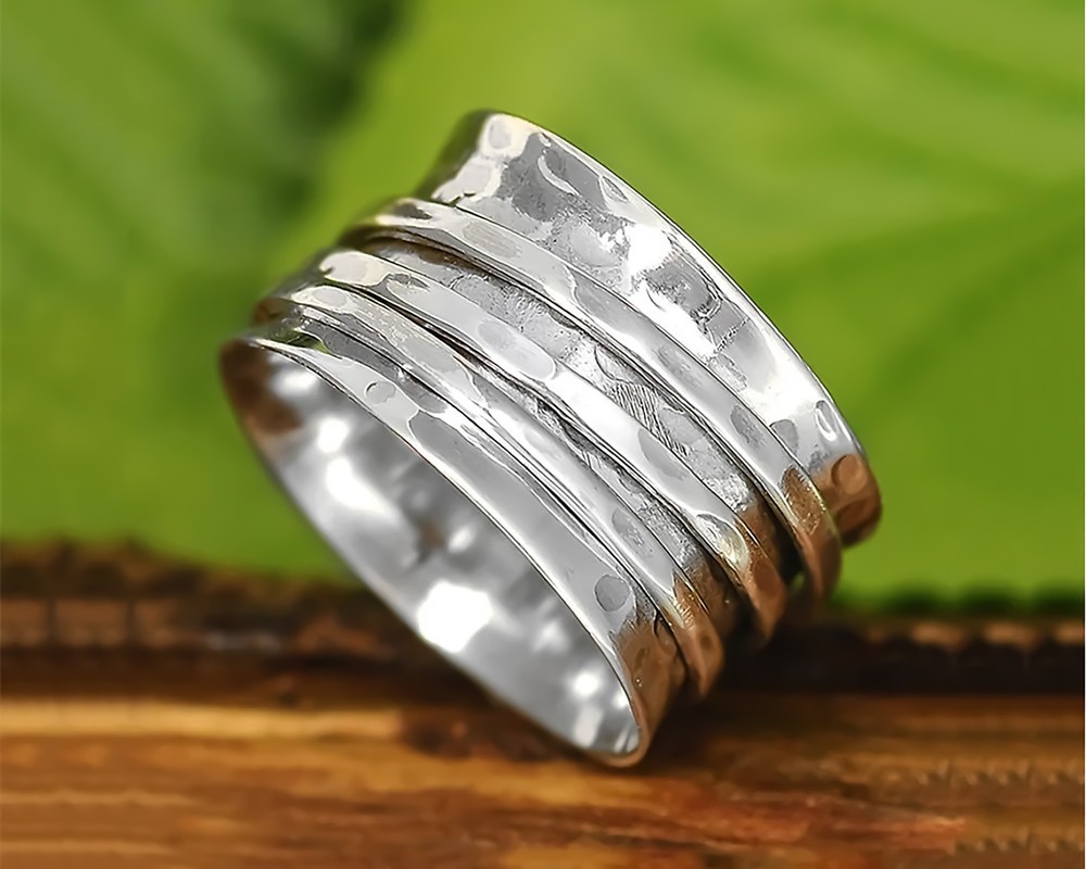 Solid 925 Sterling Silver Spinner Worry Meditation Hammered Band Handmade Ring