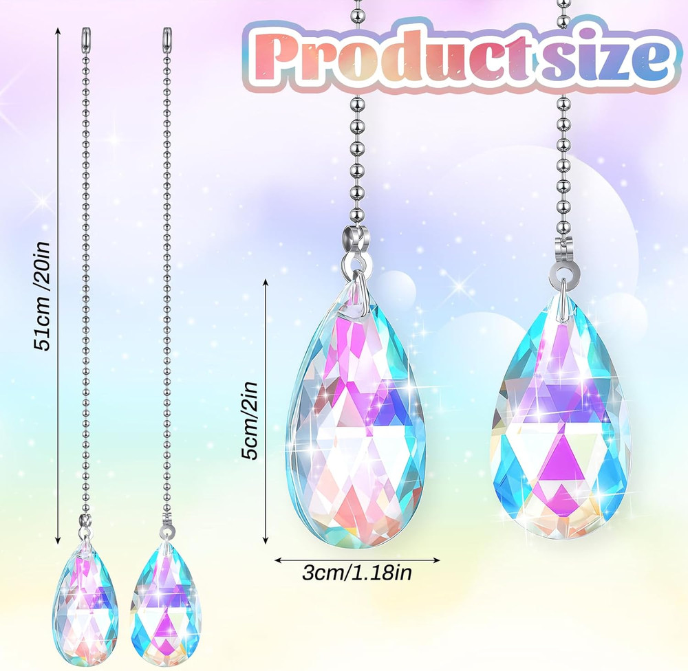 2 Pcs Crystal Ceiling Fan Pull Chains 2" Glass Water Drop Pendants with 20" Ceil