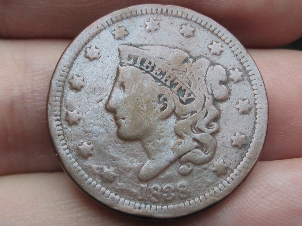 1838 Matron Head Large Cent Penny- Beaded Cords, Fine Details