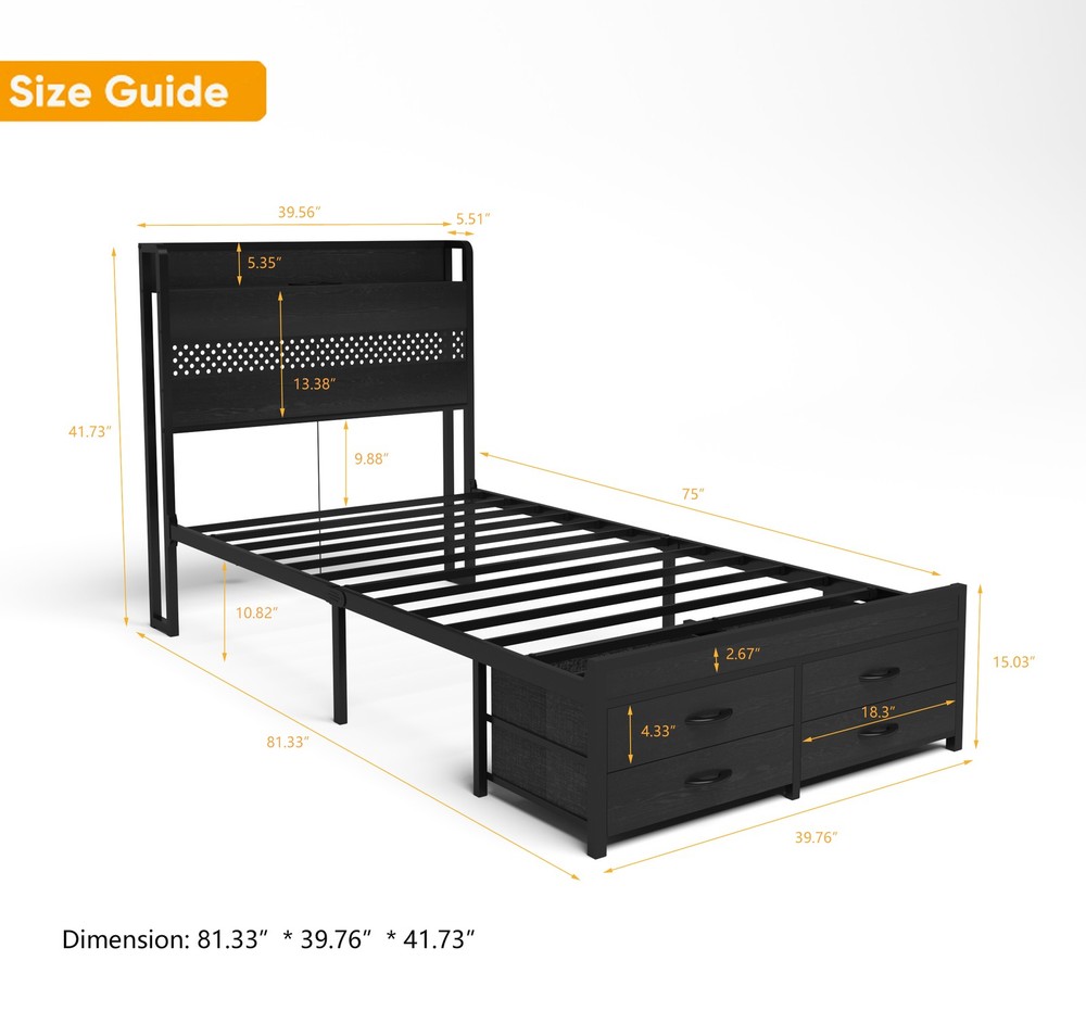 Twin Bed Frames with Headboard,Twin Size Bed Frames with Storage Drawers,Twin B