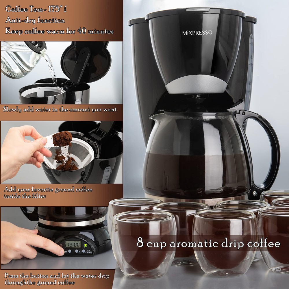 Mixpresso 8-Cup Drip Coffee Maker Programmable, 8 Cup Black