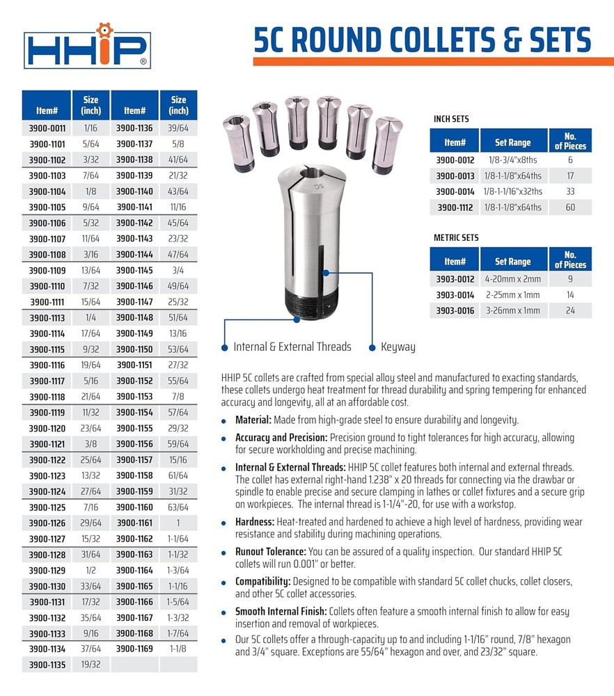 High-Grade 5C Collet 5/8" with Internal/External Threading for Versatile Use