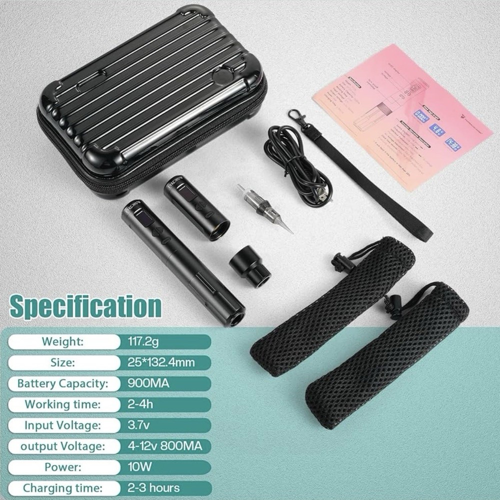 NEW Inkchum Thin Rotary Tattoo Machine Pen Starter Kit Bundle PMU (Black)