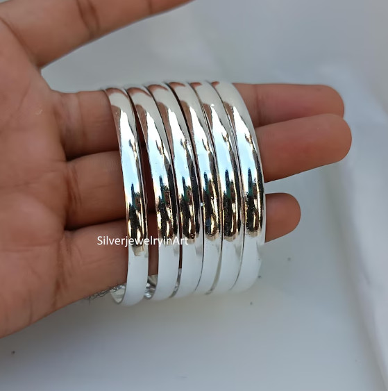 Handmade Sterling Silver Half Round Bangle 7Set - Stackable Woman Bangles Si100