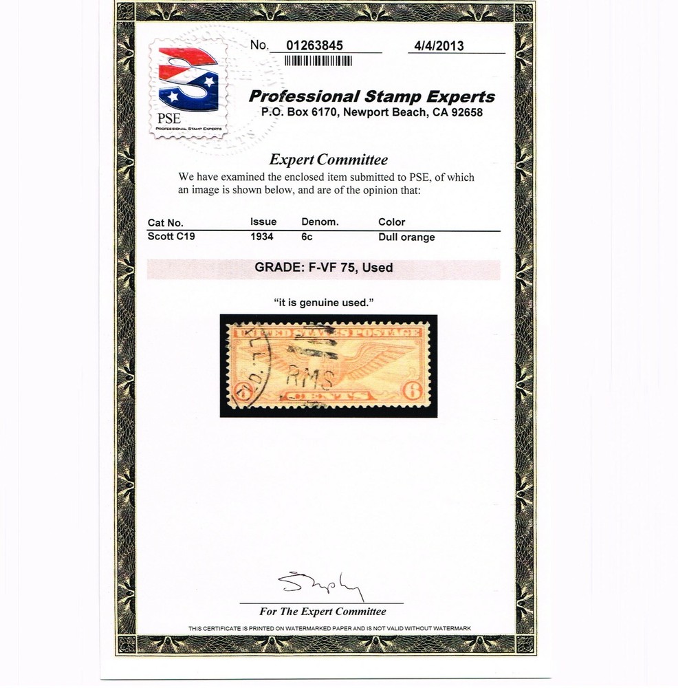 EXCELLENT GENUINE SCOTT #C19 USED PSE CERT GRADED F-VF 75 - RMS DUPLEX CANCEL
