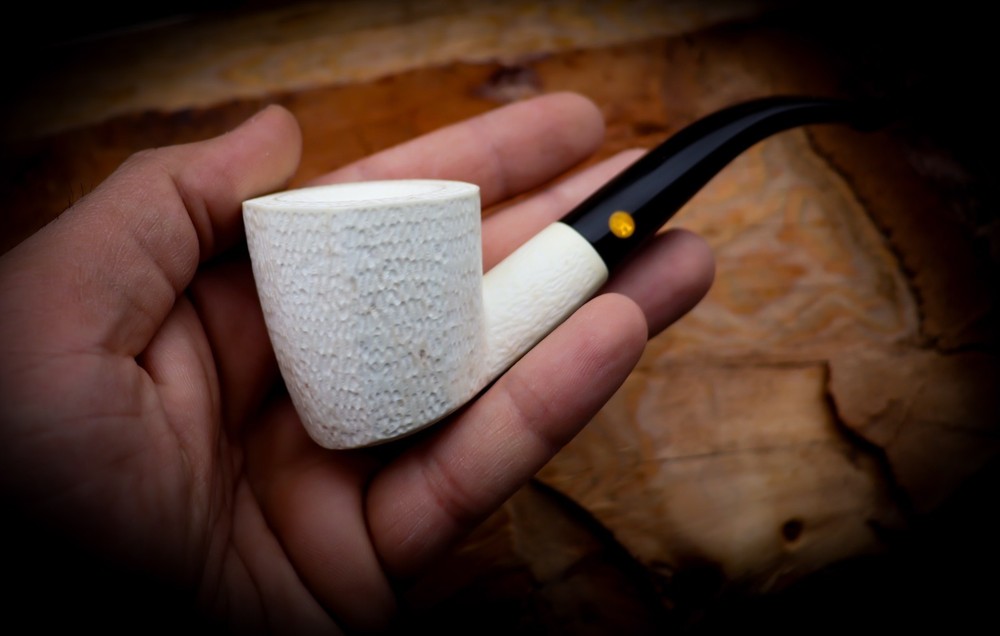 9MM Rustic Patterned Panel Meerschaum Pipe With Leather Case- Astaş Meerschaum