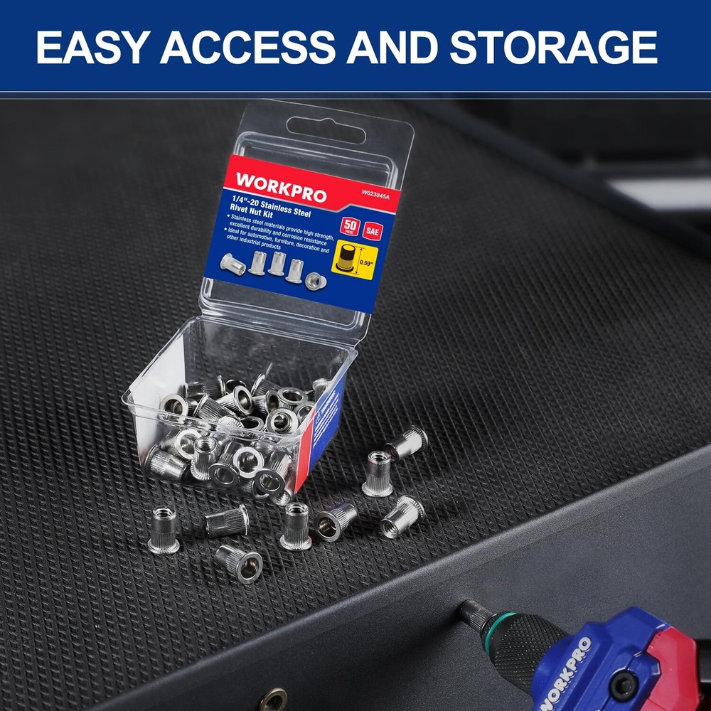 WORKPRO 50PC Rivet Nuts 1/4"-20 Flat Head Threaded Insert Stainless Steel Rivnut