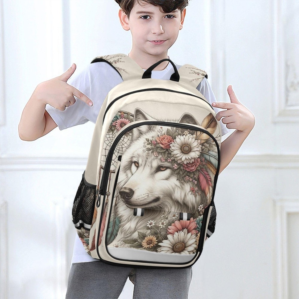 senya Wolf Backpack for Boys Girls, Flower Dreamcatcher Wolf Backpack Student...
