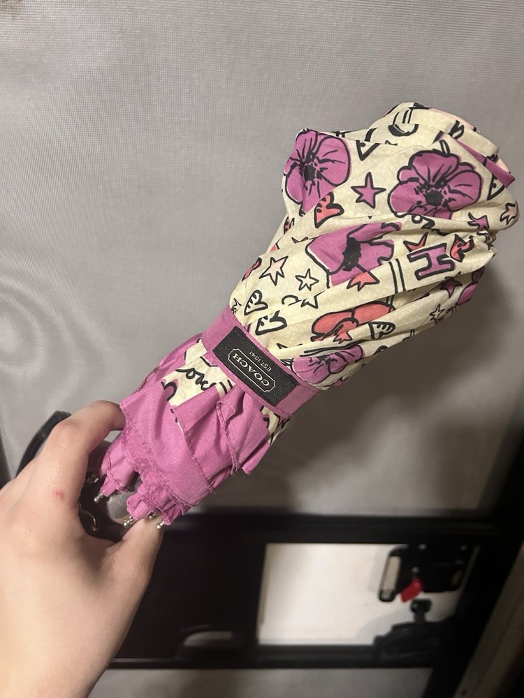 Coach Compact Folding Women's Umbrella Pink Beige Floral Pattern Button Accent