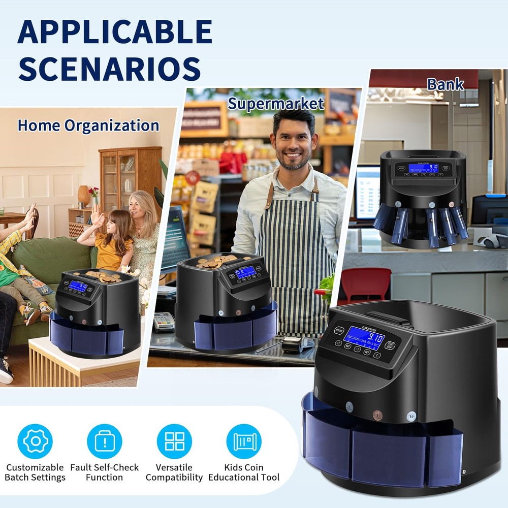 Coin Counter and USD Sorter with LCD Display, Automatic Change Black