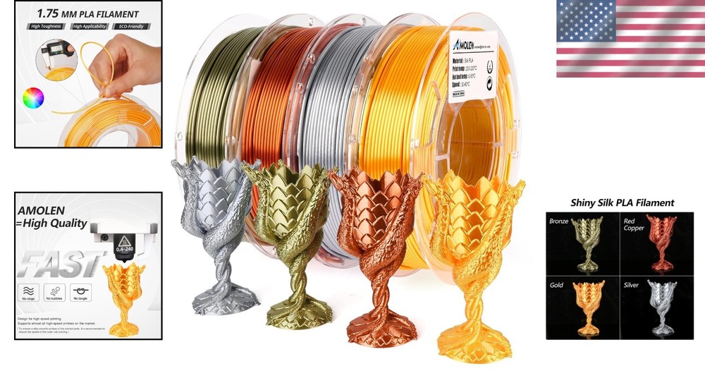 1.75mm Silk PLA Filament Bundle - 4 Spools Gold, Silver, Bronze, Copper