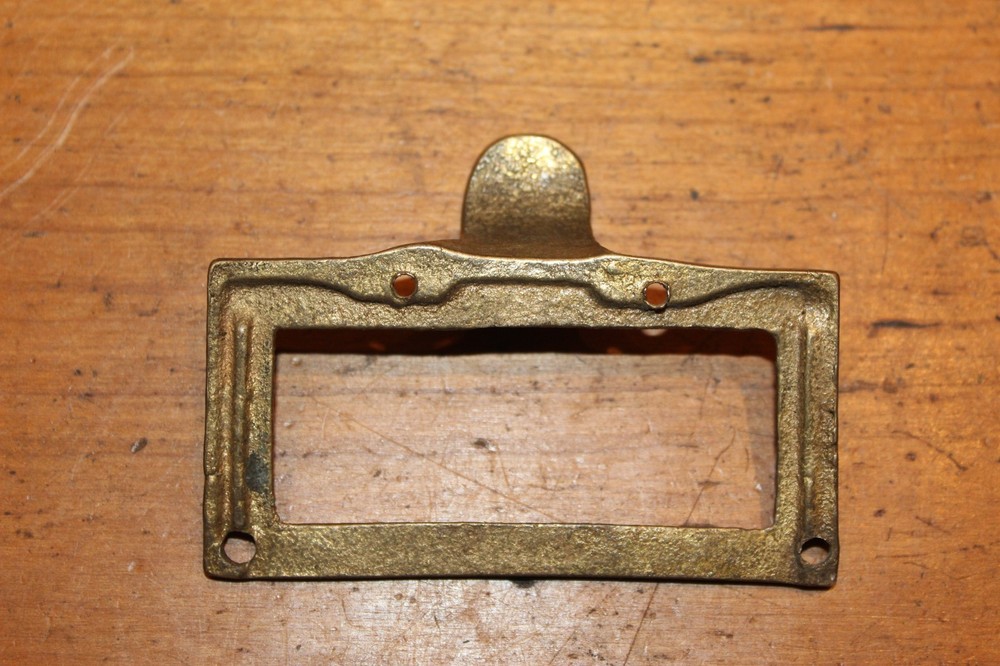 Antique Cast Bronze Bin Apothecary Cupboard Drawer Pull with Label Insert L-83