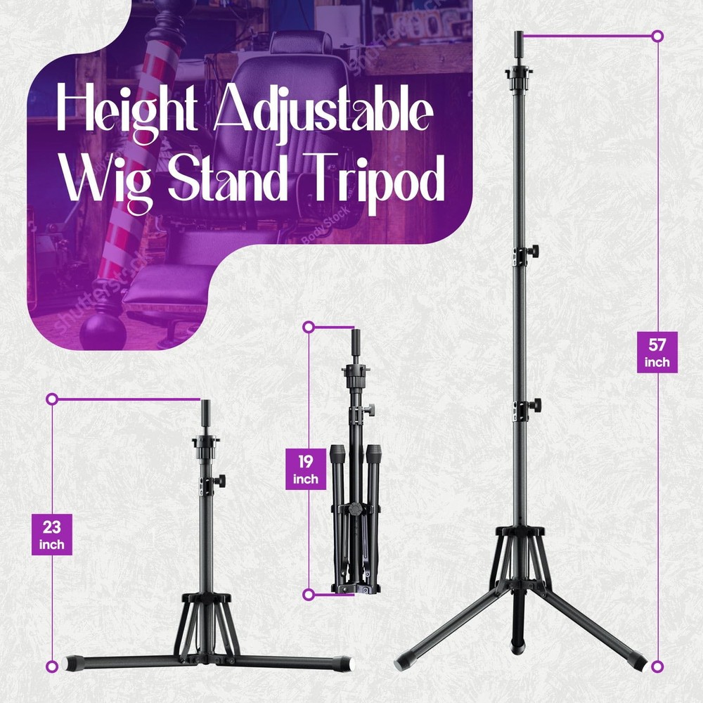 Head Stand Adjustable Height Wig Tripod Stand w/ Tool Tray Foldable