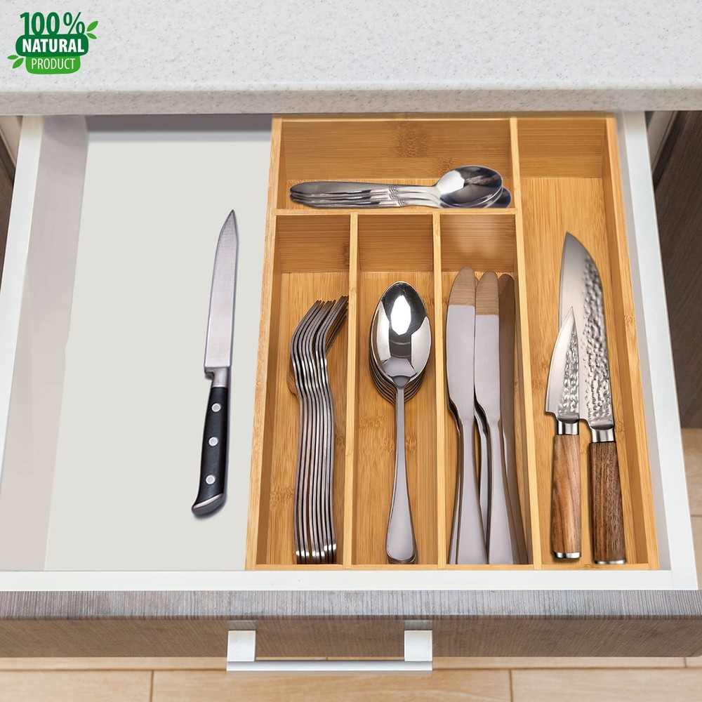 guiogc Kitchen Bamboo Silverware Drawer Organizer，Silverware 5 Slot, Natural