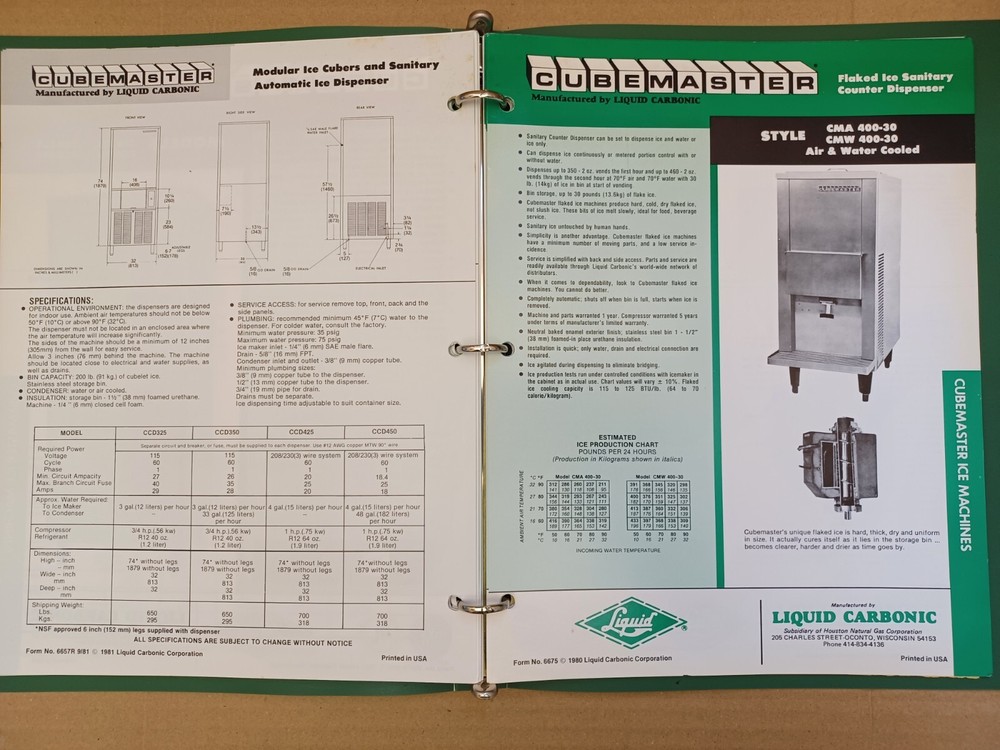 1979 Cubemaster by Liquid Carbonic : Equipment Specifications Catalog, PriceList