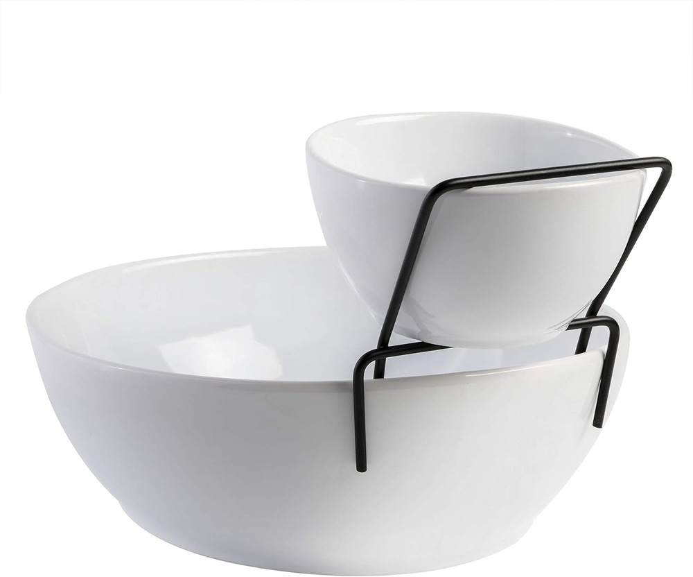 Gracious Dining Dinnerware, 3Pc Chip & Dip Set with Metal Rack, White, 101989.03