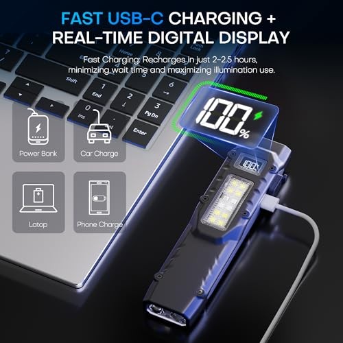 EDC Tactical Flashlight, Flat Flashlights Rechargeable,Dual Black (White Light）