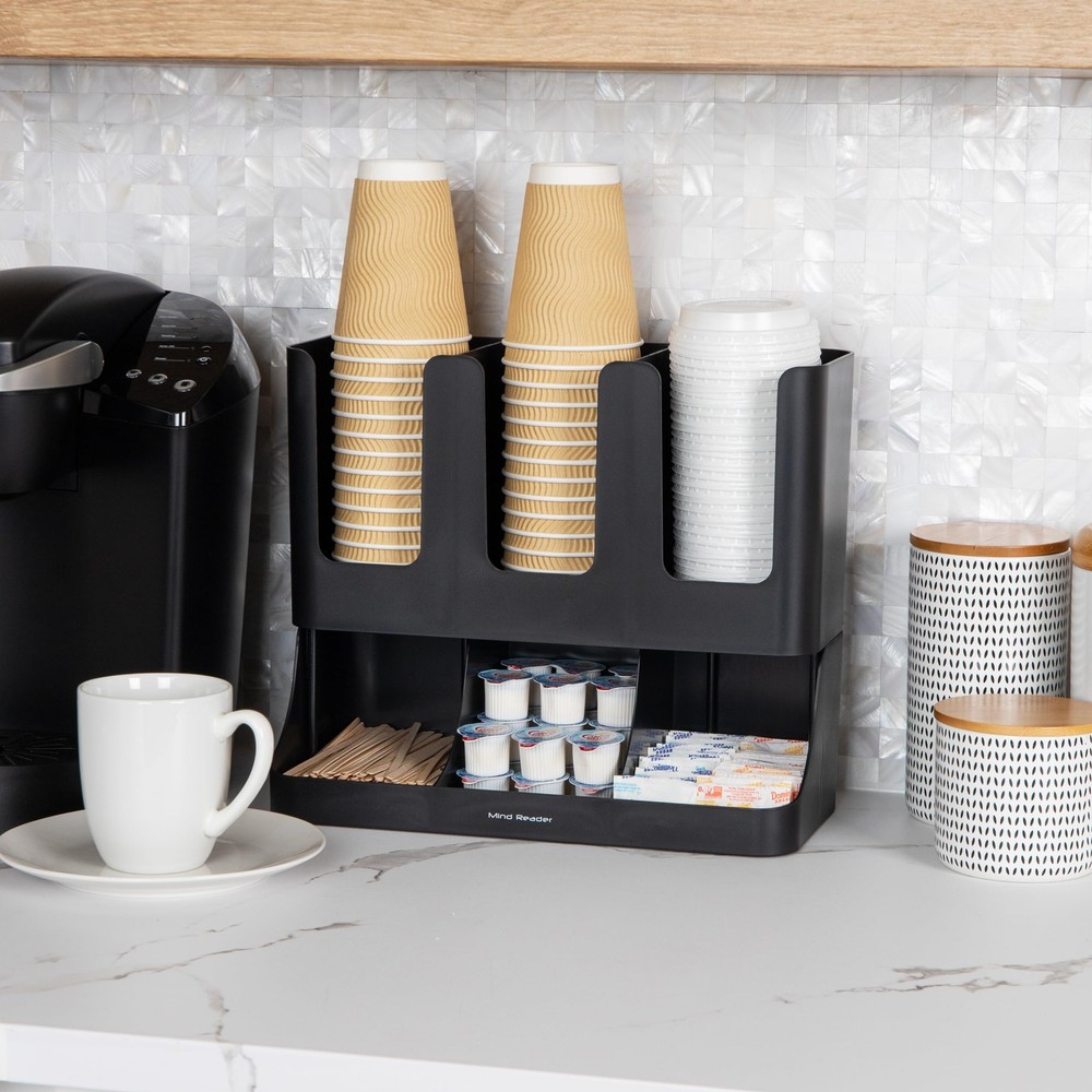 Cup and Condiment Station, Countertop Coffee Bar Organizer with 6 Compartment...