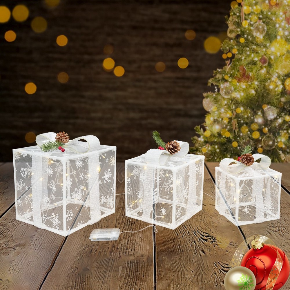 Set Of 3 Lighted Gift Boxes, 50 White Lights Present Box Lighted Display Decor