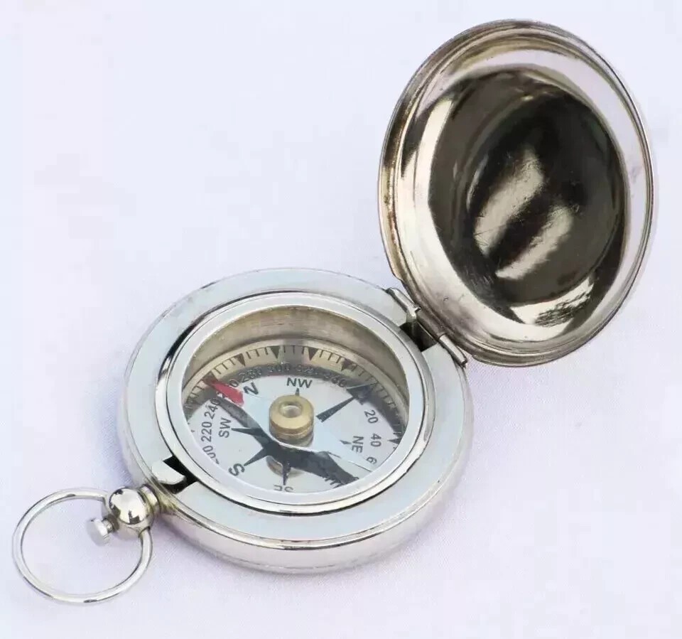 Pocket Compass Adventure Gift Handmade Vintage Silver Nautical Solid Brass